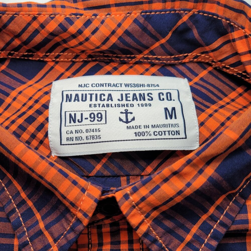 Nautica Jeans Co. Mens Plaid Flannel Button Down Shirt Medium Orange Navy NEW - Picture 5 of 10